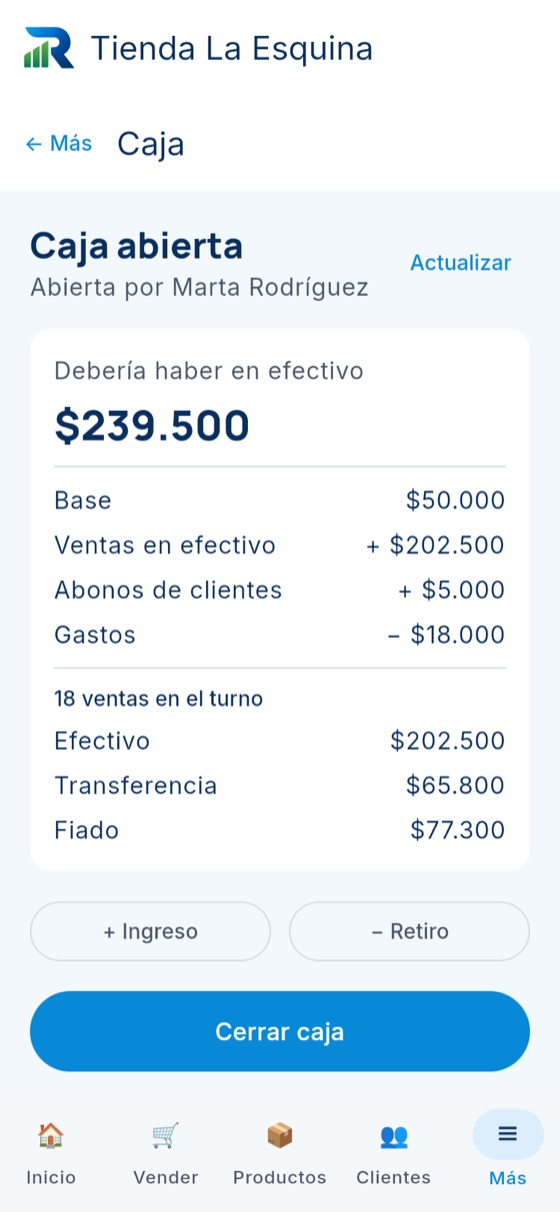 Caja abierta con lo que debería haber en efectivo, ventas, abonos y gastos
